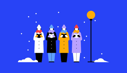 A small group of carolers, dressed in traditional winter coats and scarves, singing festive tunes on a snowy street. minimal illustration style