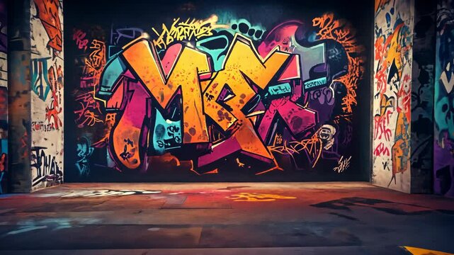 A vibrant graffiti mural in an urban alleyway features a large tag in bold, colorful letters