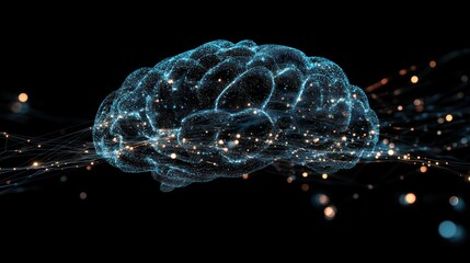 AI-powered brain with data streams, visualizing constant streams of data flowing through a highly intelligent AI brain system.