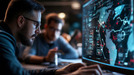 A meeting of risk management professionals discussing the latest cybersecurity threats and risk reduction strategies for the organization.