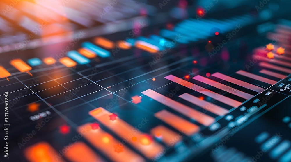 Poster close-up of a computer screen displaying a financial chart with lines and bars that show stock price