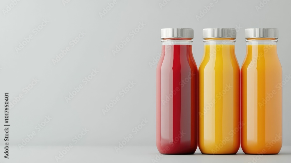 Poster visually striking 3d of several organic juice bottles made from fresh natural fruits in a clean mode