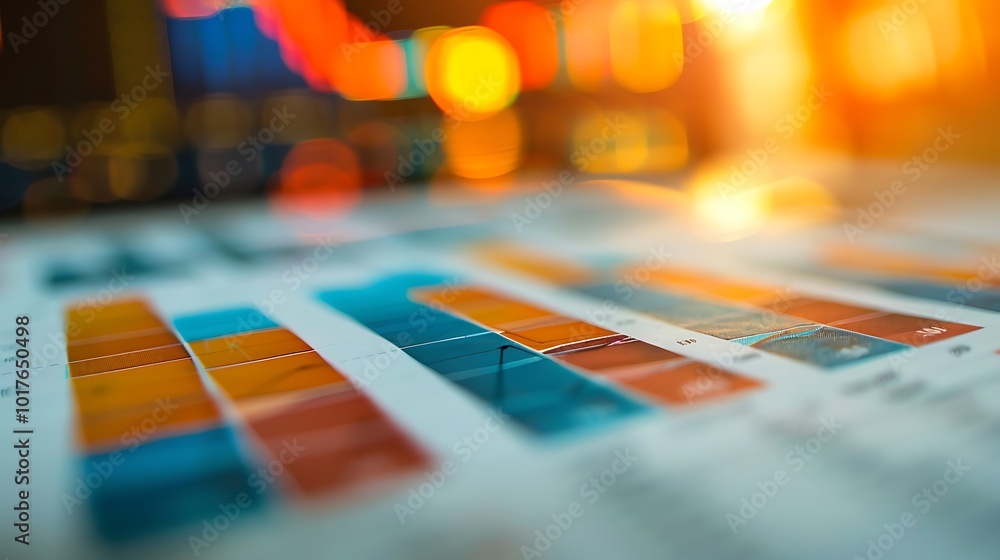 Poster close-up of a colorful financial chart with numbers and data on a desk.