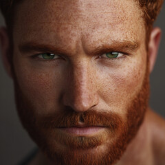 Fototapeta premium man in business clothes, photo for business card, male 40+ European, green eyes, regular oval face, short red hair, medium red beard, serious straight look