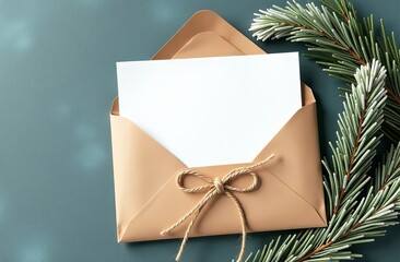 Christmas or New Year greeting card mockup with envelope and festive decorations with fir tree branches