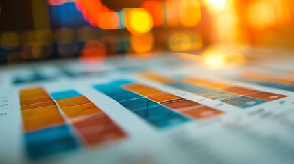 Close-up of colorful financial chart with numbers and data on desk for business analysis and investment strategy with economic growth and financial planning concept.