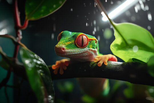 A detailed shot of a pet gecko feet as it climbs a branch inside a lush, well-maintained terrarium.