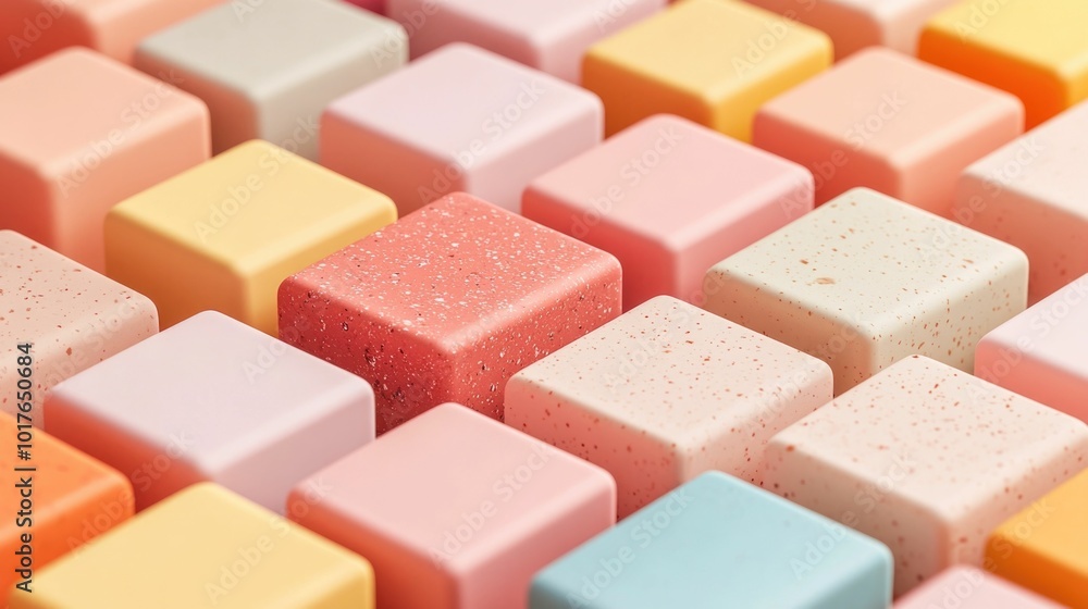 Poster organic soap bars with natural textures and colors arranged in a 3d layout with a deep depth of fiel