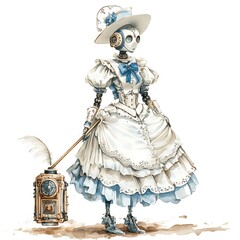 Steampunk Robot Woman in a Victorian Dress.