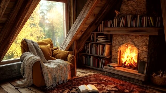 Rustic attic reading nook with fireplace, armchair, and cozy blankets overlooking a sunlit forest. Cozy retreat concept. Seamless time-lapse animation video background