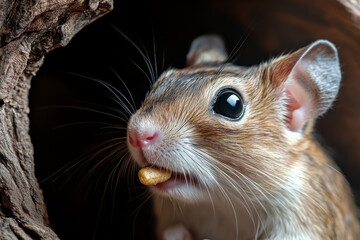 A close-up of a pet rodent, such as a degu or a sugar glider, eating food in a well-designed terrarium.