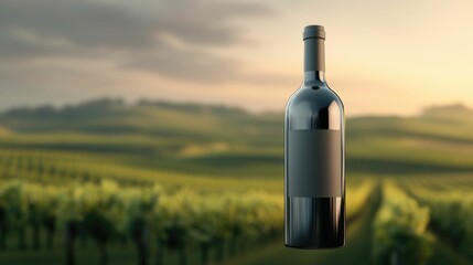 Fototapeta premium Organic Wine Bottle Nestled in a Picturesque Vineyard Landscape Bathed in the Warm Glow of a Serene Sunset Over Rolling Hills