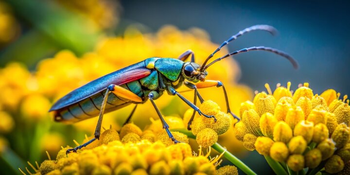 Colorful Julodis Beetle on Yellow Flower of Vachellia Nilotica - Nature Wildlife Photography