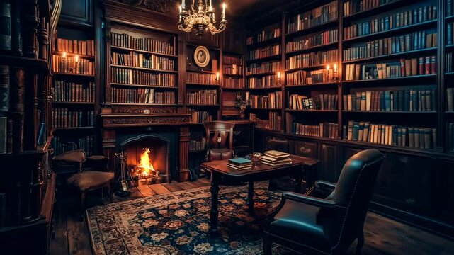 Classic dark library with wooden shelves, chandelier, and a glowing fireplace in a peaceful evening. Vintage cozy reading retreat concept. Seamless time-lapse animation video background