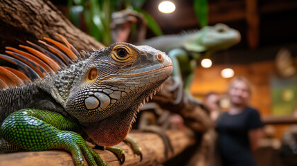 Fototapeta premium A friendly exotic pet adoption center, showcasing various animals like reptiles and birds in spacious enclosures, while families interact with the pets.