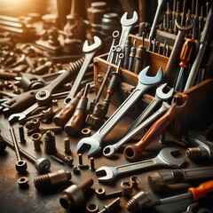 Fototapeta premium Assorted rusty wrenches, screwdrivers, and screws in a mechanic's workshop with a blurred background.