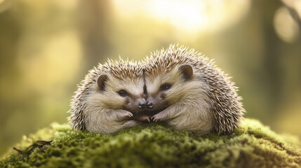 Naklejka premium Two hedgehogs hugging, their quills carefully tucked away, lying on soft moss to avoid poking each other
