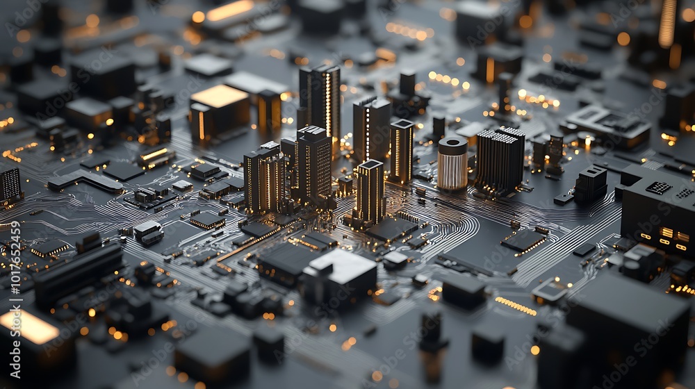 Aufkleber A 3D rendering of a futuristic cityscape built on a circuit board, symbolizing the intersection of technology and urban development.