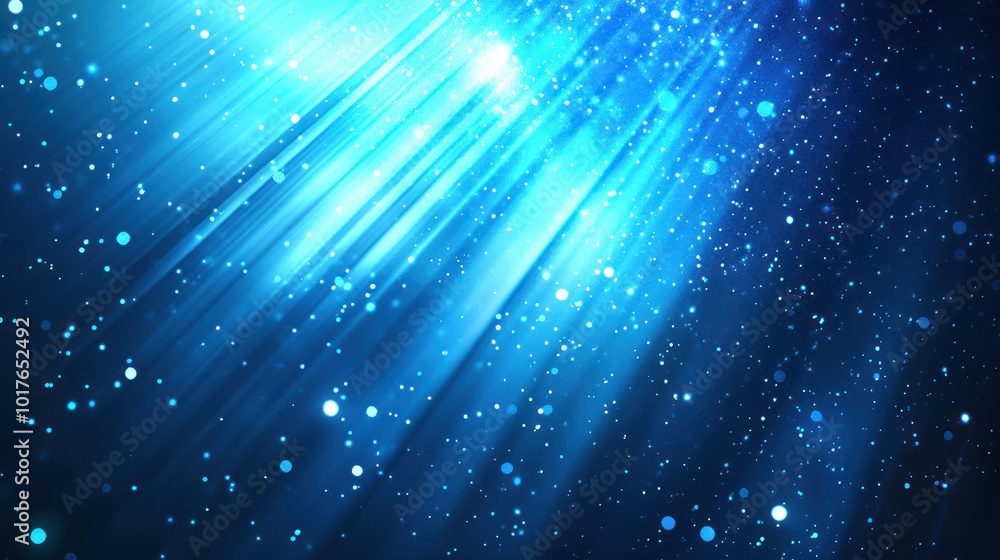 Poster blue abstract background with light effects: glowing light rays radiating across a deep blue abstrac