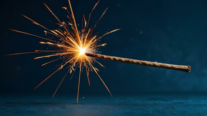 Bengal fire sparkler burning with sparks on blue background.