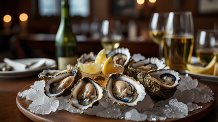 bustling seafood restaurant with rustic charm fresh oysters on ice take center stage golden white wine catches light in elegant glass warm ambient lighting enhances inviting atmosphere.