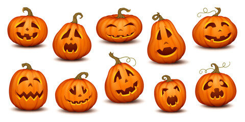 Halloween pumpkin with carved scary faces realistic color icons set. Jack-o-lantern showing variety emotions 3d characters collection