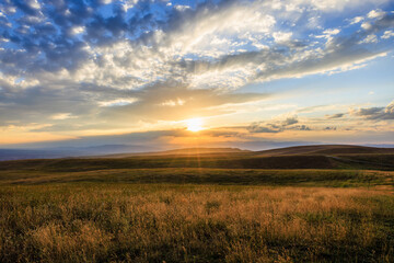 Yellow grassland and beautiful sky clouds nature landscape at sunset. Autumn landscape.