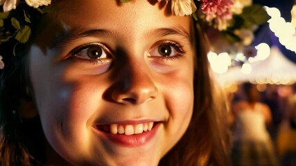 Close-up video of a girl with a flower crown, expressing excitement at a festival, warm intimate lighting, static camera