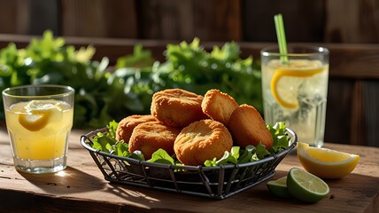 Chicken nuggets are served in a rustic metal basket with a side of fresh salad and a glass of lemonade.