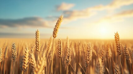 Fototapeta premium Captivating 3D of an organic wheat field with golden ears of grain swaying gently in the wind against a backdrop of a scenic tranquil sky This pastoral