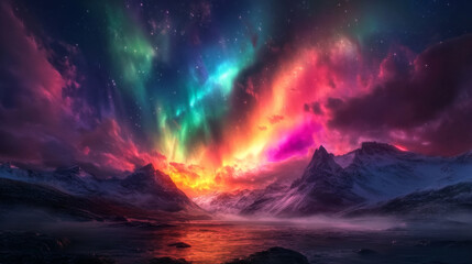 A mythical scene of the Aurora Borealis as a gateway to another world, inspired by ancient tales of aurora gods and spirits.