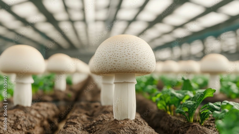 Poster rows of growing organic mushrooms in a 3d with deep depth of field showcasing the intricate textured