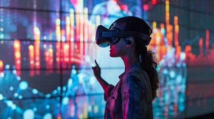 Woman wearing a VR headset interacts with a screen displaying abstract data, showcasing the power of virtual reality technology.