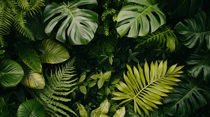 Fototapeta premium Lush green foliage texture background with a variety of tropical leaves, ferns, and plants.