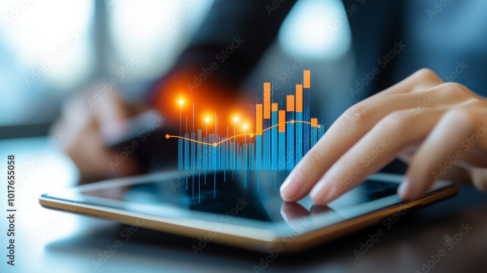 Poster an individual analyzes financial data on a tablet device while seated at a desk during daylight hour