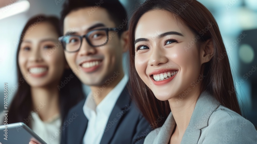 Poster group of three professionals smiling and engaging in a discussion in a modern office setting during 