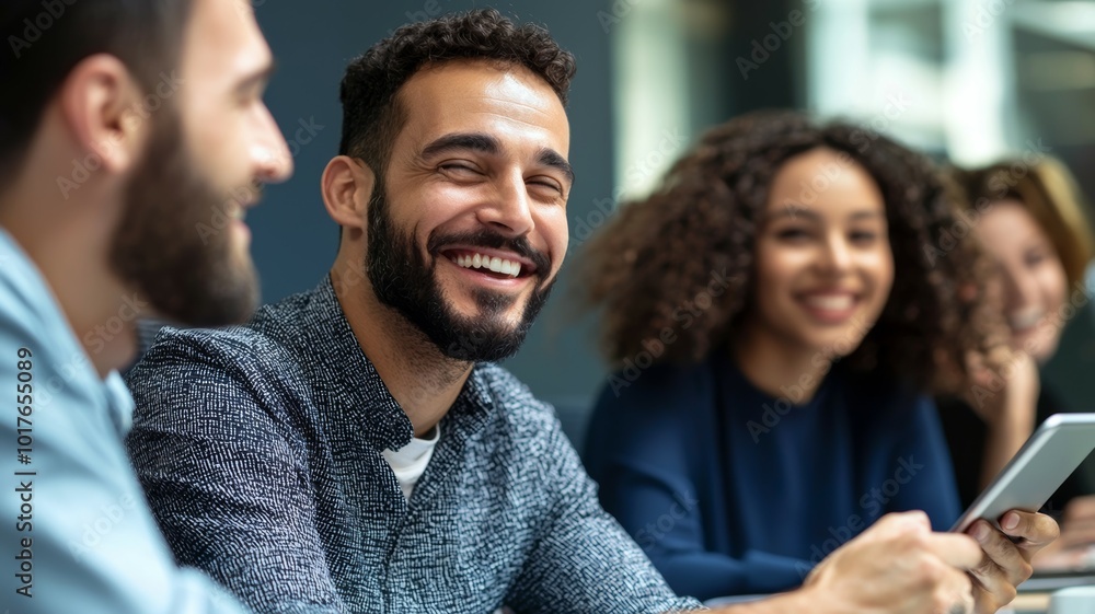 Aufkleber group of smiling colleagues engaged in a brainstorming session around a table in a modern office set