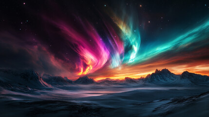 A panoramic view of the Aurora Sky, with sweeping lights visible over a range of distant, snow-covered mountains.