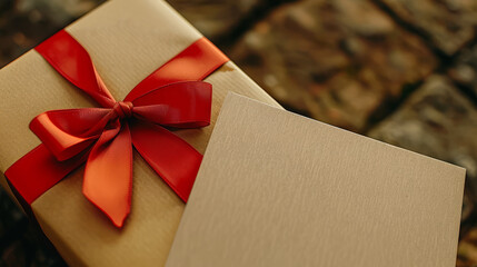 Close-up of a crafted gift box with a red ribbon next to a blank card for personalization