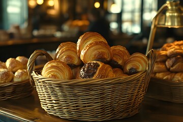 Zoomed-in view of a wicker basket overflowing with fresh pains au chocolat, each pastry’s buttery, golden layers and glistening chocolate filling sharply detailed. 