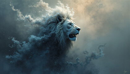 Abstract illustration of white lion roaring, with its mane flowing around its head. The lion is set against a backdrop of swirling grey smoke