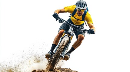 Mountain biker in yellow jersey,  racing downhill on a dirt trail.