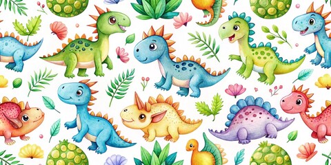 Cute Baby Dinosaurs Watercolor Seamless Pattern for Children's Decor and Products