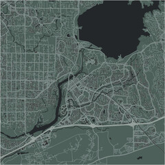 Map of Folsom in California in a smooth dark style. Contains layered vector with roads water, parks, etc.