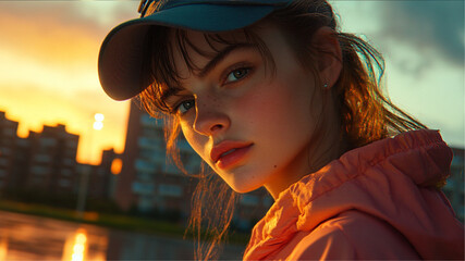 girl, close-up to the camera, doing sports in a park near a new residential complex, sideways to the camera, beautiful night lighting