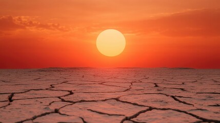 Obraz premium Blazing sun sets over a dramatically cracked and desiccated earth landscape highlighting the intense heat and drought conditions of an extreme heatwave The fiery