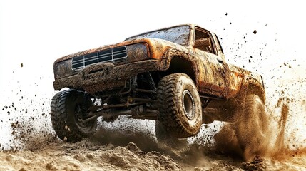 Mud-covered off-road vehicle driving through a dirt path