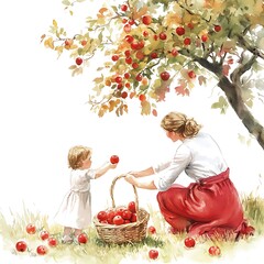 Mother and Daughter Picking Apples Under a Tree in Watercolor Style.