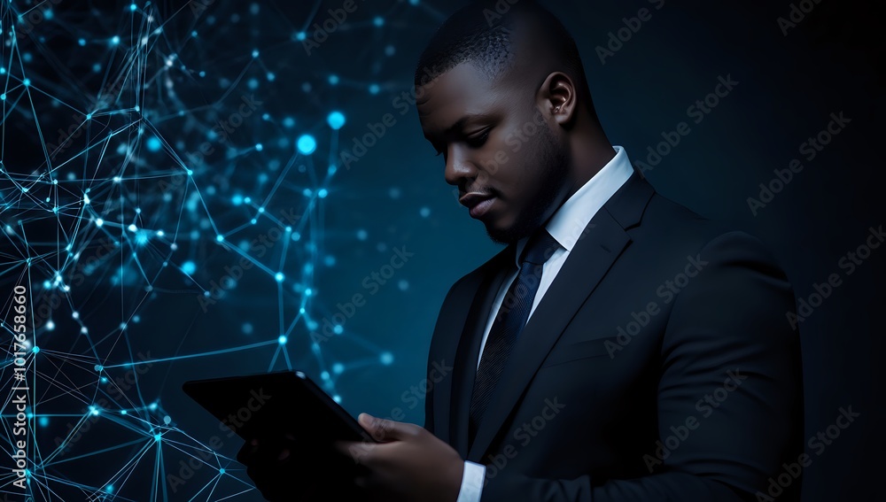 Poster a businessman in a suit uses a tablet computer against a background of glowing digital network lines