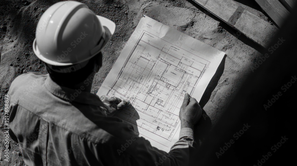 Poster construction worker with blueprint, interpreting architectural drawings and ensuring proper implemen